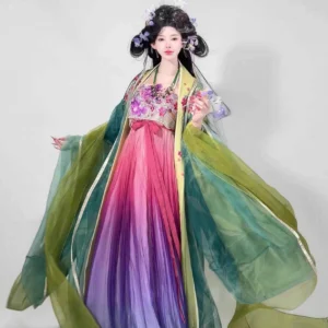 Three-quarter view of Tang Dynasty Heziqun hanfu dress with olive green wide sleeves, floral chest embroidery, and layered flowing fabric