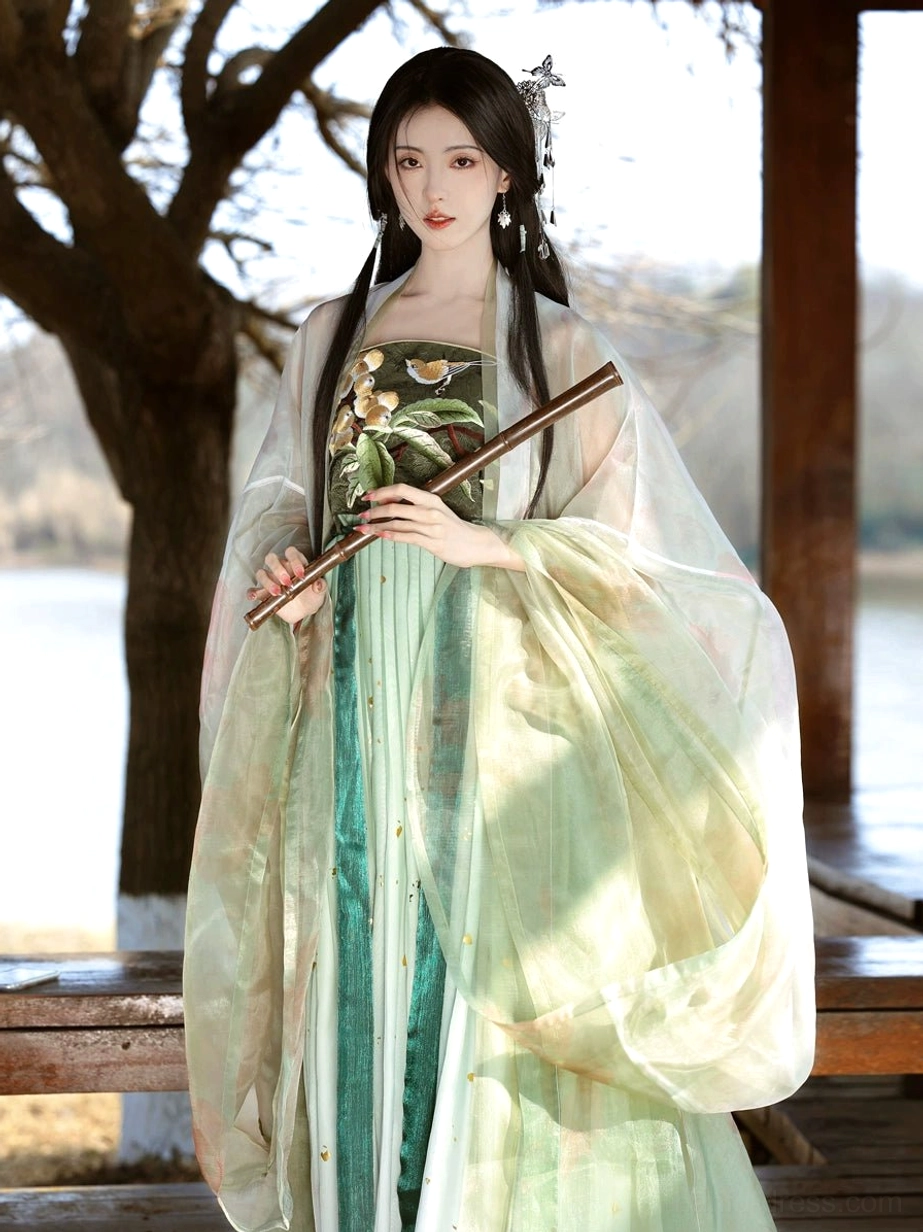 Front view of Tang Dynasty Heziqun Hanfu dress with light green sheer outer robe, embroidered botanical top, layered skirt, and traditional hair ornaments