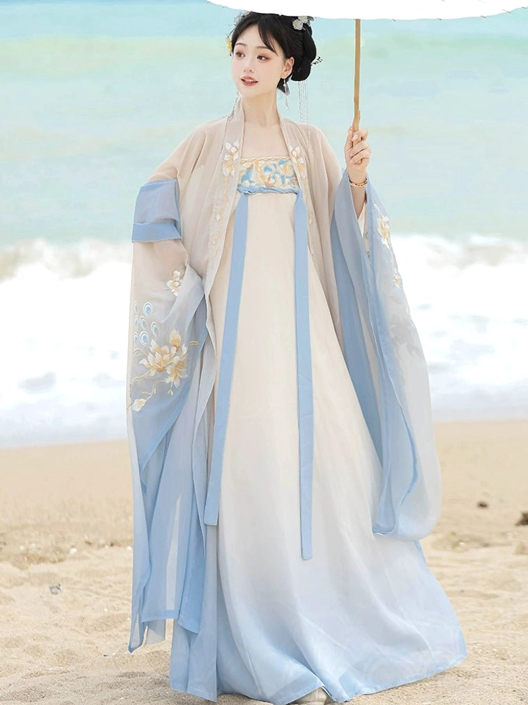 Side view of Tang Dynasty Heziqun Hanfu dress with light blue sleeve trim, embroidered cuffs, cream gradient fabric, and elegant straight silhouette