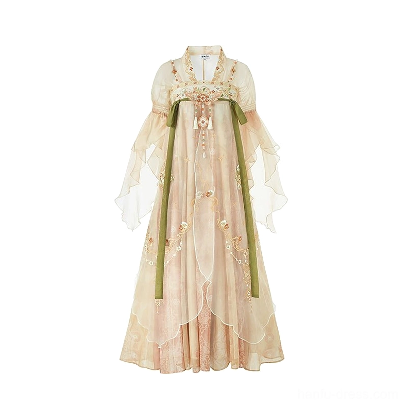 Flat lay view of complete Tang Dynasty inspired Hanfu set featuring peach-apricot gradient organza, embroidered bodice, green waist sashes, ruffled sleeves, and full layered skirt