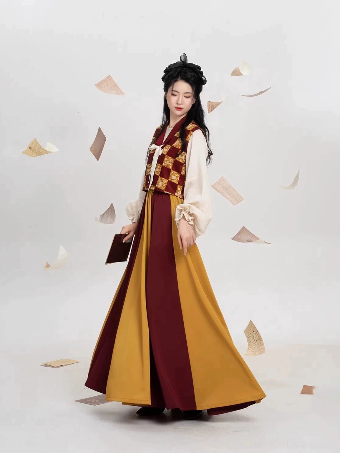 Tang Dynasty inspired Hanfu three-piece set with embroidered checkered beizi vest long sleeve inner top and flowing color-block skirt