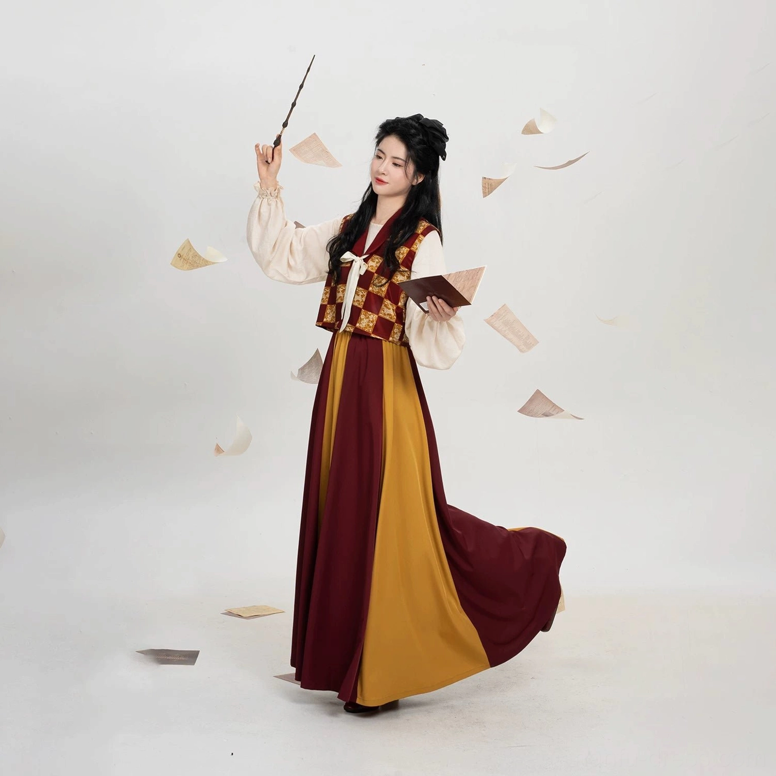 Low angle full body styling image of Tang Dynasty inspired modern Hanfu full set with beizi overlay and flowing eight-panel skirt