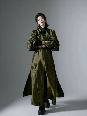 Front view of a dark olive green Tang Dynasty hanfu robe with lantern sleeves and modern gender-neutral oversized silhouette