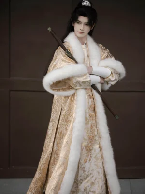 Front view of a male model in a full-length Tang Dynasty noble hanfu fur coat with wide sleeves, white faux fur edging, traditional hair ornament, and sword
