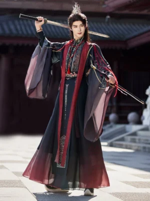 Black and red Tang Dynasty inspired men's wuxia hanfu complete set with wide purple sleeves and gold decorative embroidery in a traditional courtyard