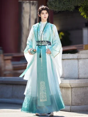Blue and white men's wuxia hanfu complete set with cyan gradient robe, flowing wide sleeves, embroidered details, and tassel waist belt