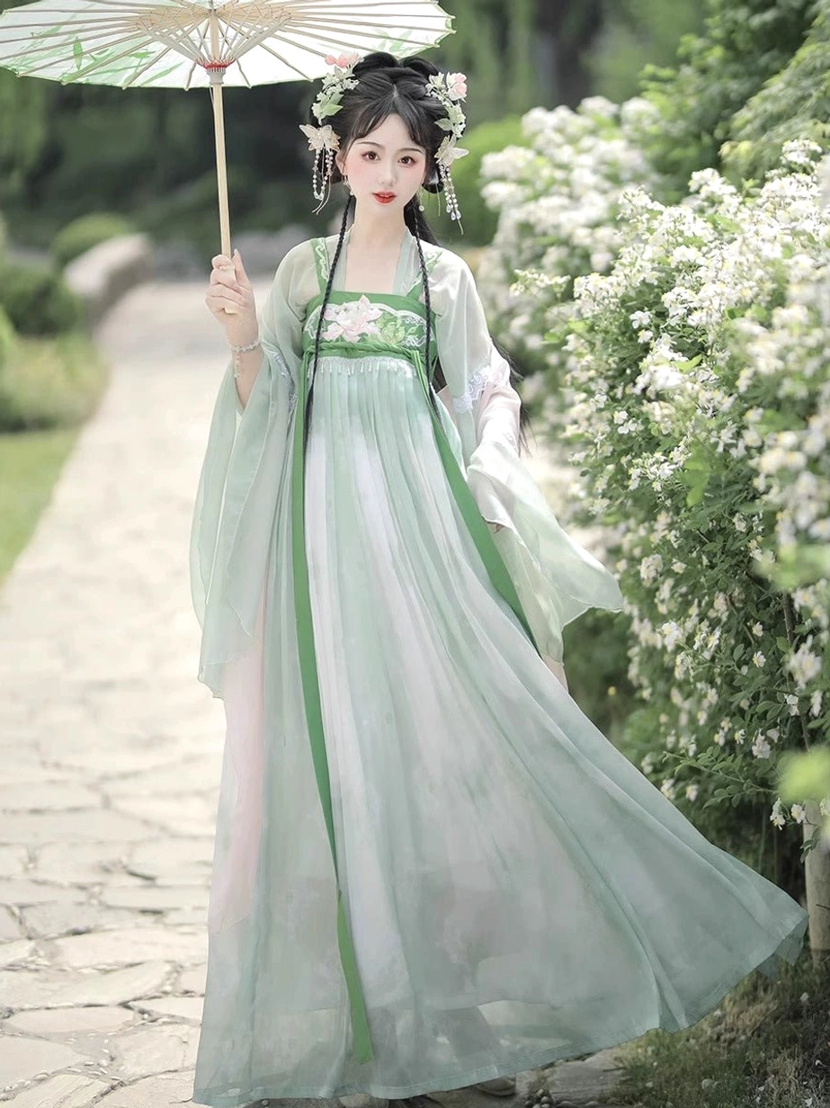 Tang Dynasty inspired mint green Hanfu dress with floral bust decoration, long sash ribbons, traditional hairstyle, and Chinese oiled paper umbrella