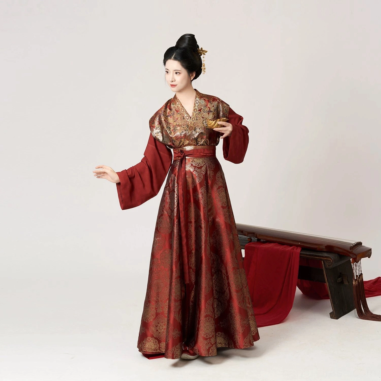 Tang Dynasty modern Hanfu full set in wine red with golden Beizi overlay waist sash and flowing long skirt