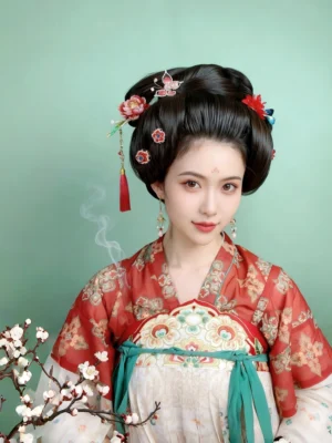 Woman wearing Tang Dynasty style Hanfu and long pearl tassel Chinese earrings with traditional flower hair ornaments