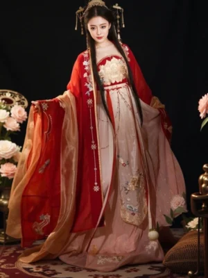 Tang Dynasty bridal hanfu wedding set with red peony embroidered outer robe, champagne pink heziqun dress, and traditional Chinese bridal hairstyle front view
