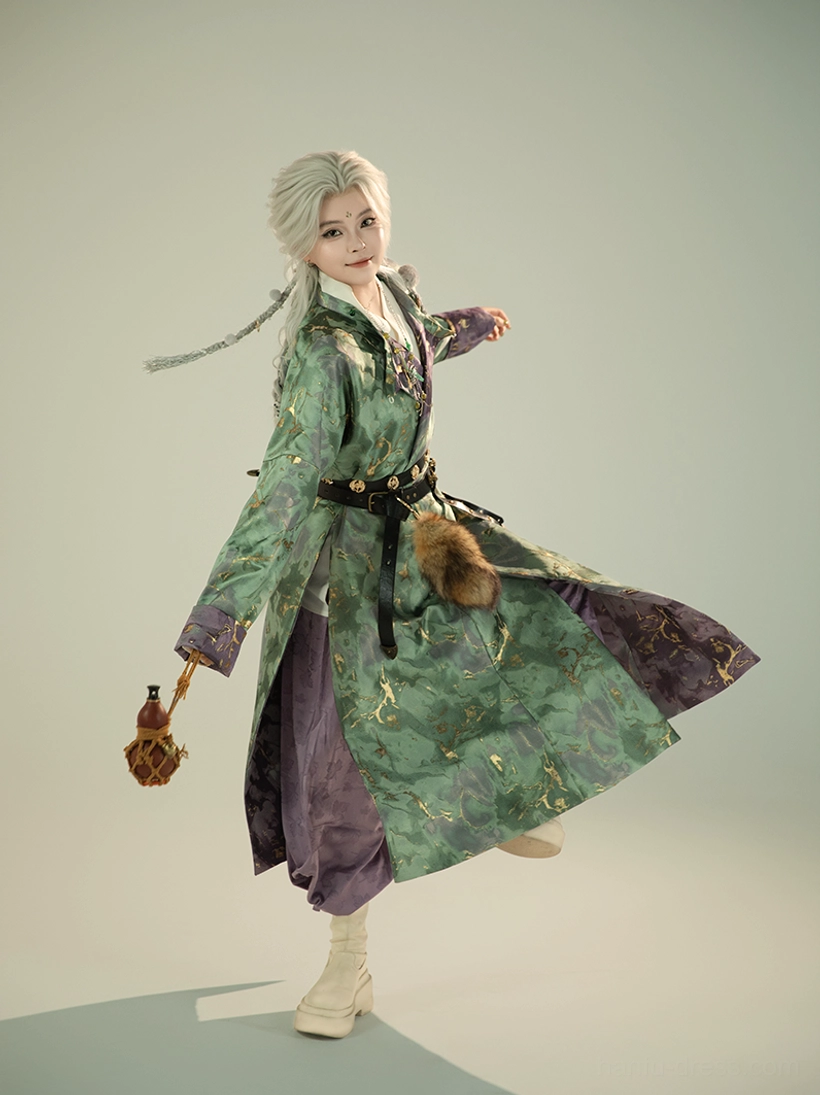 Back three-quarter view of Tang Dynasty inspired perilla leaf Hanfu robe with side split and purple trousers