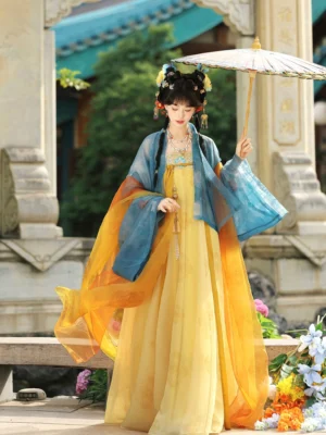 Yellow Tang Dynasty Qixiong Hanfu dress with blue Famen Temple style sheer cardigan in a classical Chinese waterside garden