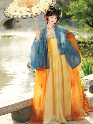 Front view of yellow Tang Dynasty Qixiong Hanfu wrap dress with blue flowing cardigan and paper umbrella