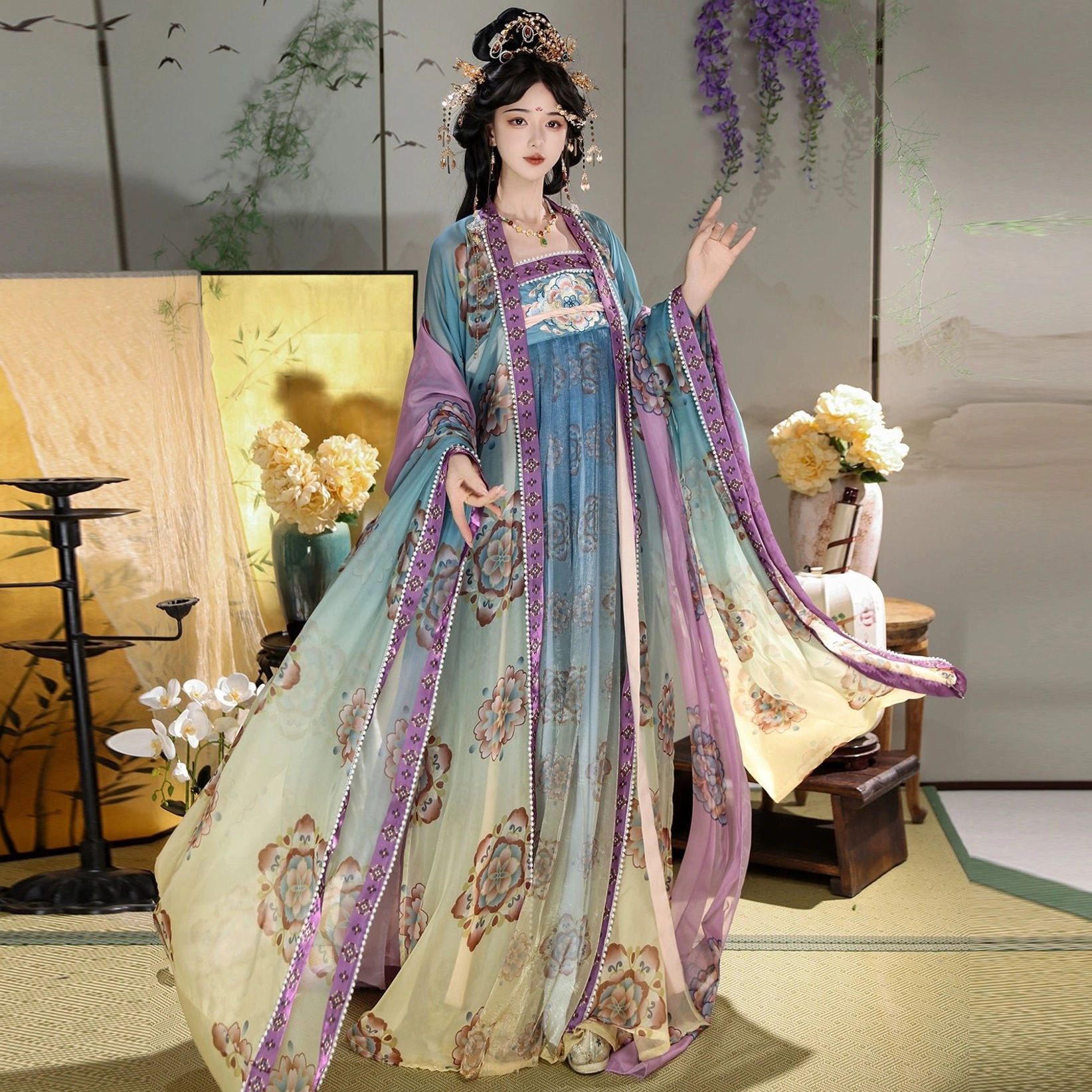 Full front view of Tang Dynasty Qixiong Ruqun with cyan to yellow gradient dress, purple trim, floral skirt pattern, and flowing wide sleeves