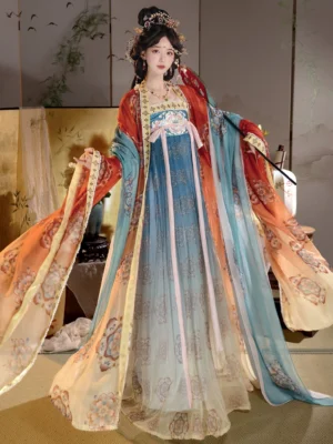 Front view of Tang Dynasty Qixiong Ruqun hanfu with cyan to warm yellow gradient dress, floral patterns, purple trims, and red-orange wide-sleeve outer coat