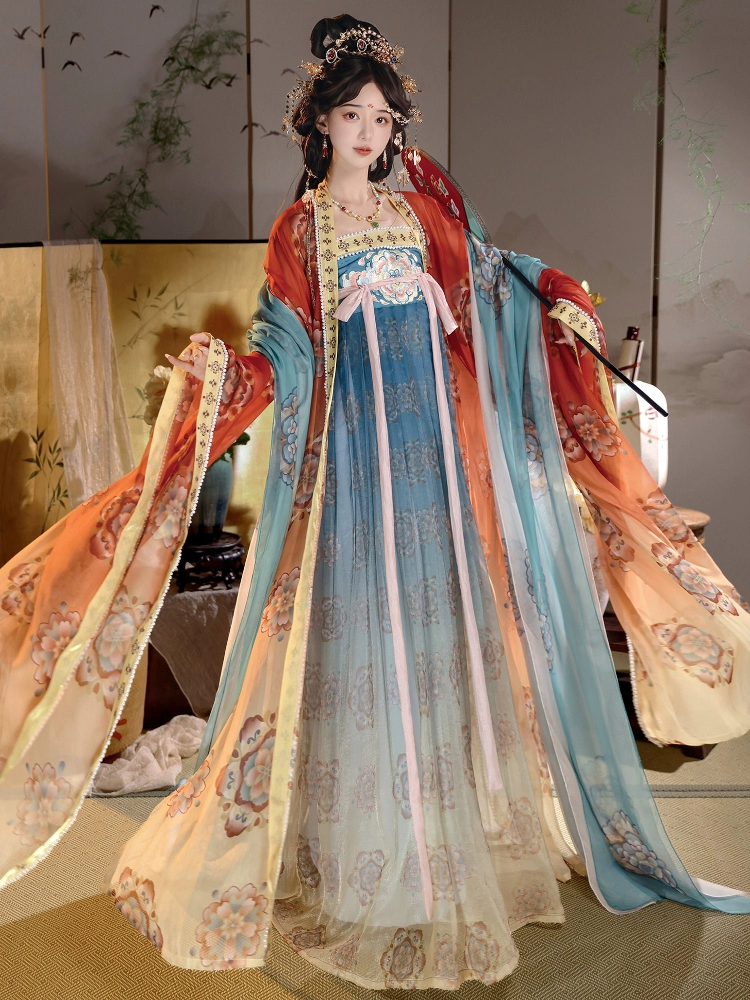 Front view of Tang Dynasty Qixiong Ruqun hanfu with cyan to warm yellow gradient dress, floral patterns, purple trims, and red-orange wide-sleeve outer coat