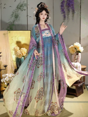Three-quarter front view of Tang Dynasty style Qixiong Ruqun hanfu with embroidered floral bodice, green wide sleeves, and purple garment trim
