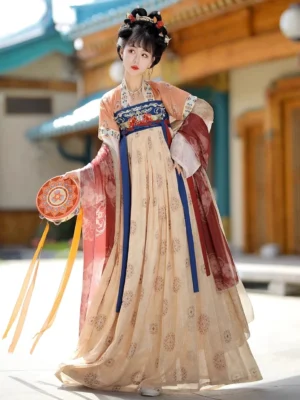 Front view of Tang Dynasty Qixiong Ruqun Hanfu with apricot floral skirt colorful waist sashes and reddish brown wide sleeve coat