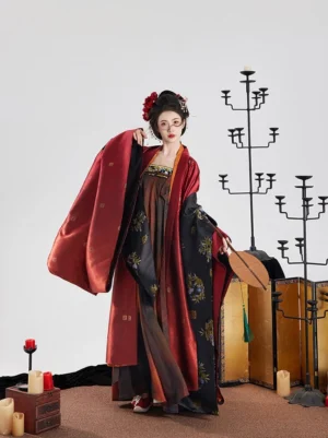 Burgundy Tang Dynasty Qixiong Ruqun Hanfu set with grand wide-sleeve outer robe, layered dark floral inner dress, and traditional hairstyle