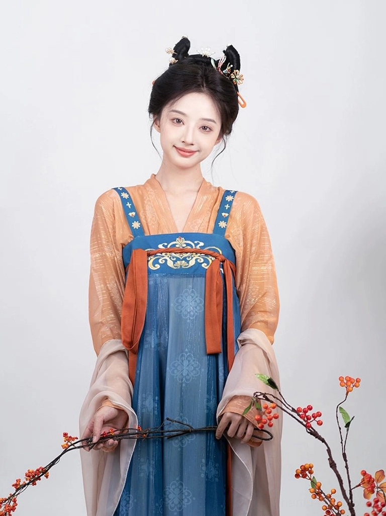 Close-up of Tang Dynasty Qixiong Ruqun Hanfu chest embroidery classical blue strap orange ribbons and pink sheer shawl