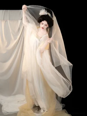 Cream and champagne Tang Dynasty Qixiong Ruqun Hanfu complete set with wide sheer sleeves, flowing outer coat, floor-length dress, and bridal-style veil