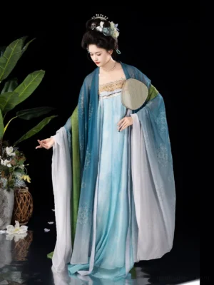 Full-body side view of a woman wearing a cyan gradient Tang Dynasty Qixiong Ruqun Hanfu with teal wide-sleeved coat, golden chest decoration, green sash, and traditional hair ornaments