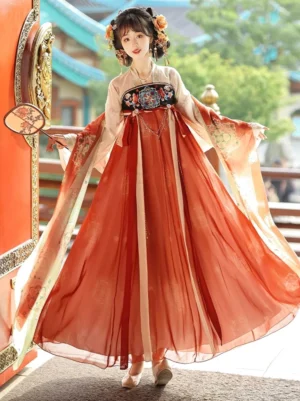 Front rotating view of Tang Dynasty Qixiong Ruqun Hanfu with deep red chiffon skirt, embroidered chest detail, sheer flowing shawls, and traditional silk fan styling