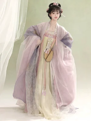 Front view of a Tang Dynasty Qixiong Ruqun Hanfu dress with pale yellow skirt, pink purple gradient wide sleeve coat, chest embroidery and tassel details