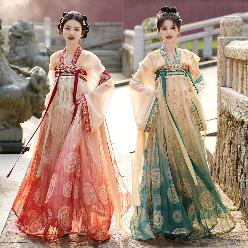 Front-side view of Tang Dynasty Qixiong Ruqun Hanfu with embroidered-style cuffs, sheer sleeves, coordinated chest trim, and gradient skirt