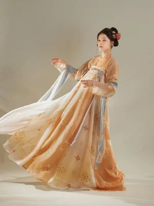 Tang Dynasty Qixiong Ruqun Hanfu dress shown in a three-quarter side view with a flowing floral color-block skirt and long-sleeve wrap top