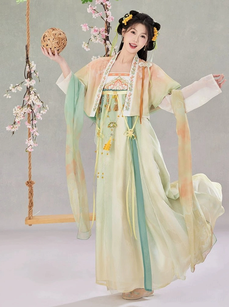 Dynamic front three-quarter view of a Tang Dynasty Qixiong Ruqun Hanfu dress showing the full flowing skirt volume, gradient colors, and elegant movement
