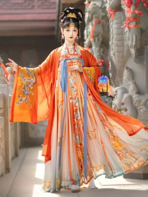 Tang Dynasty style Qixiong Ruqun Hanfu dress with flowing gradient skirt and orange wide-sleeve coat, modeled beside an ancient stone corridor with a traditional fabric lantern