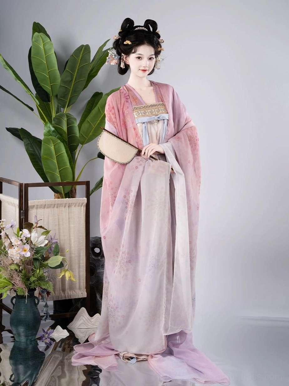 Front view of Tang Dynasty Qixiong Ruqun Hanfu with flowing pink gradient skirt, wide chiffon sleeves, golden decorative trim, and light blue waist sash