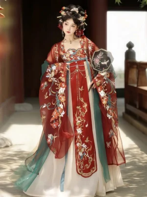 Front view of a Tang Dynasty Qixiong Ruqun Hanfu full set with red beige and teal embroidered garments, wide sleeves, sheer outer cape, traditional Chinese hairstyle, and round embroidered silk fan