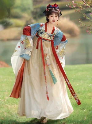 Front three-quarter view of Tang Dynasty Hanfu with golden floral embroidery, flowing blue sleeves, cream pleated skirt, red shoulder ribbons, and green tassel waist pendant