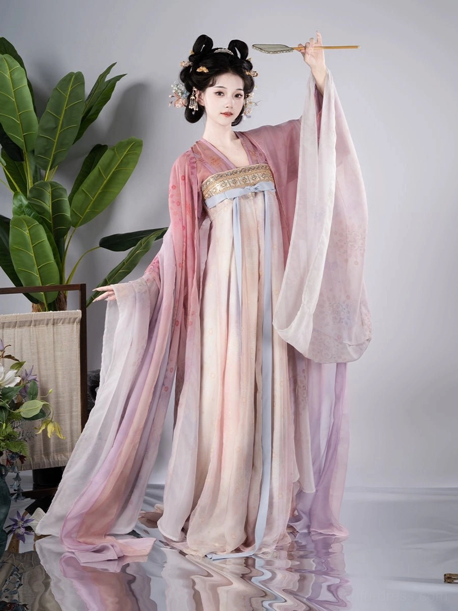 Tang Dynasty Qixiong Ruqun Hanfu complete set with pink purple gradient chiffon, oversized wide sleeves, golden chest trim, blue floral sash, and handheld fan
