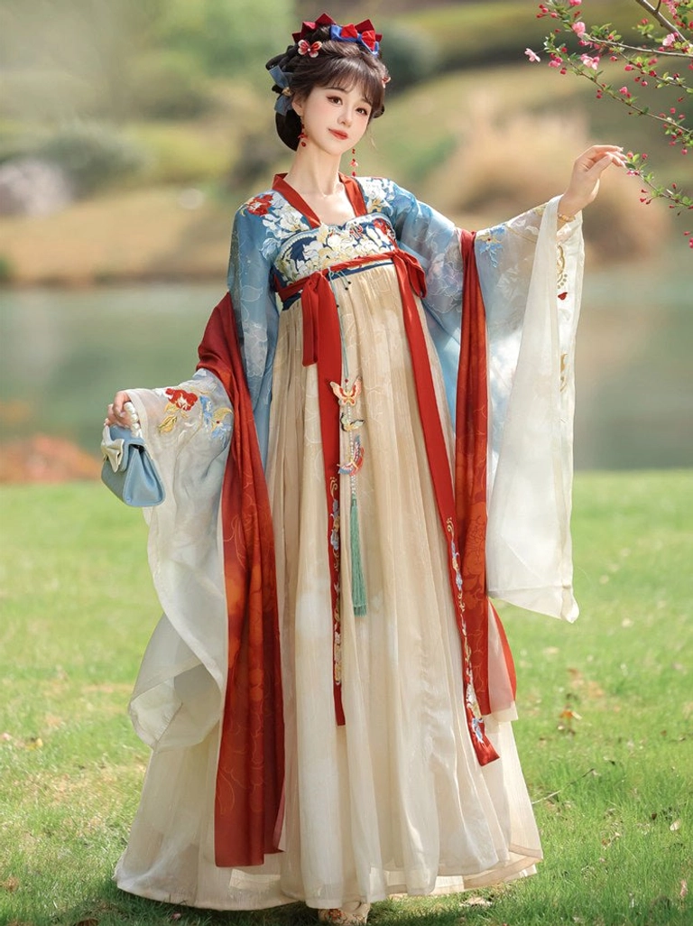 Side three-quarter view of a Tang Dynasty Qixiong Ruqun Hanfu dress showing gradient blue and white wide sleeves, embroidered bodice, red sashes, and flowing traditional styling