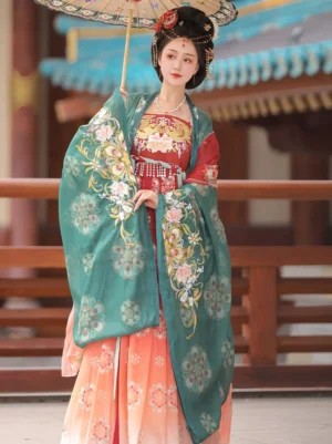 Dark green Tang Dynasty Qixiong Ruqun Hanfu set with wide embroidered sleeves, gradient peach orange skirt, palace hairstyle, and oil paper parasol
