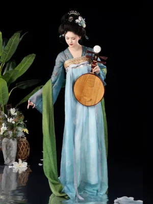Front-side view of a Tang Dynasty Qixiong Ruqun Hanfu model holding a Chinese ruan, wearing a flowing cyan dress, teal outer coat, green sash, and long draped scarf
