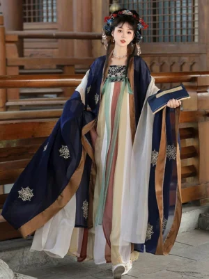 Three-quarter view of Tang Dynasty style Qixiong Ruqun Hanfu with navy embroidered outer robe, golden motifs, layered skirt, and traditional styling
