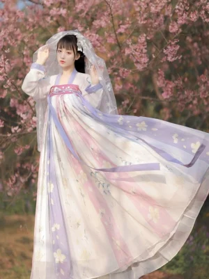 Tang Dynasty style Qixiong Ruqun Hanfu in pink lavender and ivory with floral skirt print, purple waist sashes, and sheer veil