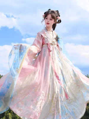 Full-body side view of a Tang Dynasty Qixiong Ruqun Hanfu dress with pink blue gradient fabric, floral skirt embroidery, waist ribbons, and sheer layers