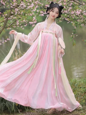 Three-quarter side view of a flowing Tang Dynasty Qixiong Ruqun Hanfu outfit with a pink pleated skirt, long waist sashes, silk fan, and traditional hair ornaments