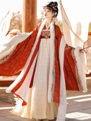 Red Tang Dynasty Qixiong Ruqun hanfu set with fur-trimmed big sleeve coat, embroidered collar and sleeves, ivory inner dress, and golden waist ornament