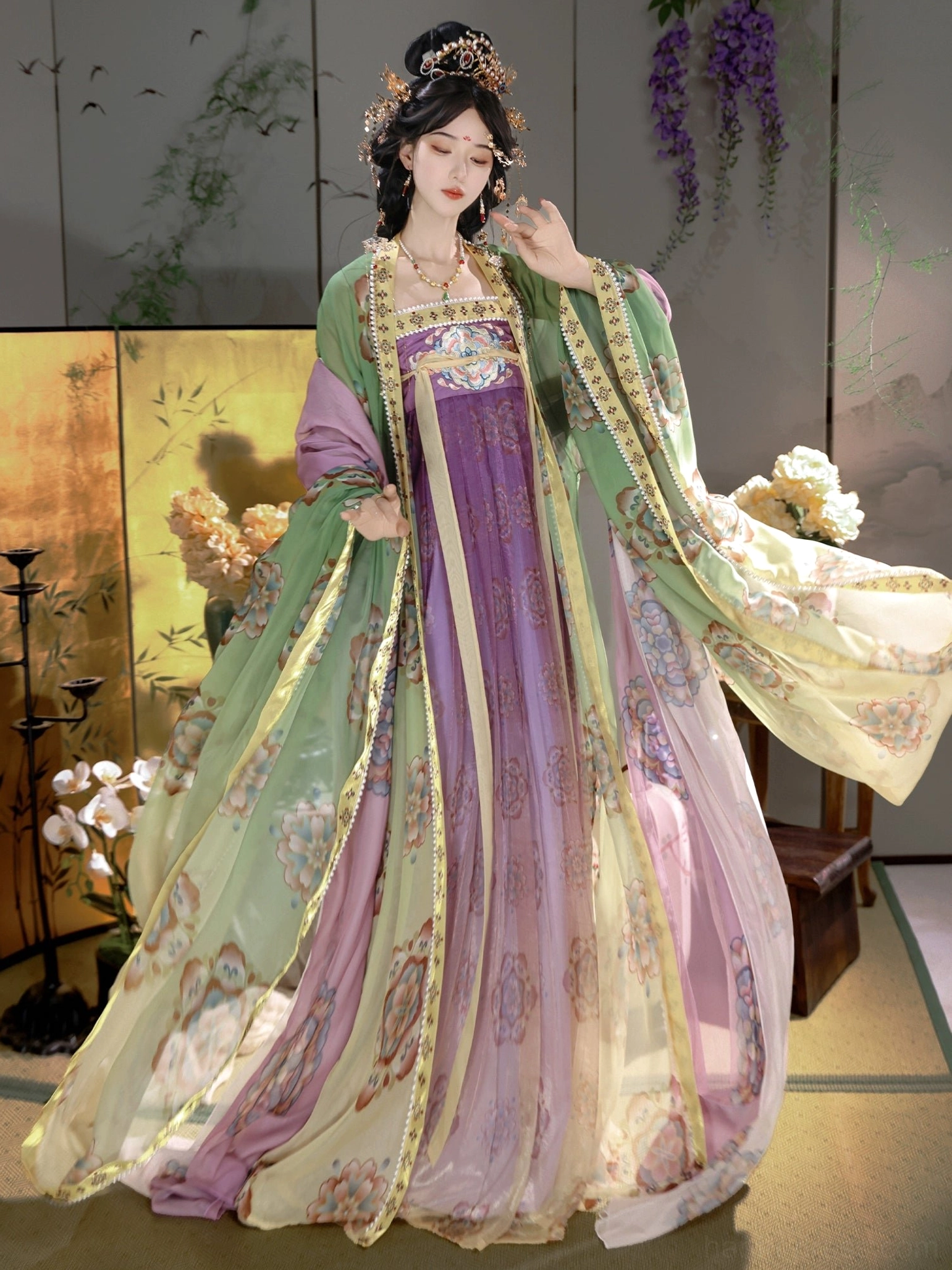 Side-front view of Tang Dynasty Qixiong Ruqun dress with purple to yellow gradient skirt, green floral shawl, and delicate purple edging