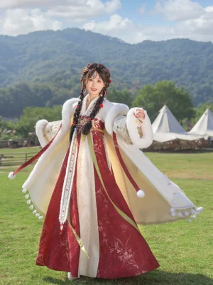 Wine red and cream Tang Dynasty Hanfu qixiong ruqun with embroidered skirt and fur trimmed winter cloak