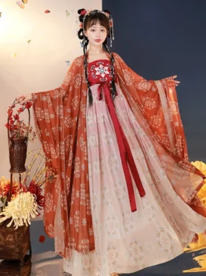 Red and beige Tang Dynasty style Heziqun Hanfu dress with embroidered chest panel, printed wide sleeve coat, and long red waist ribbons