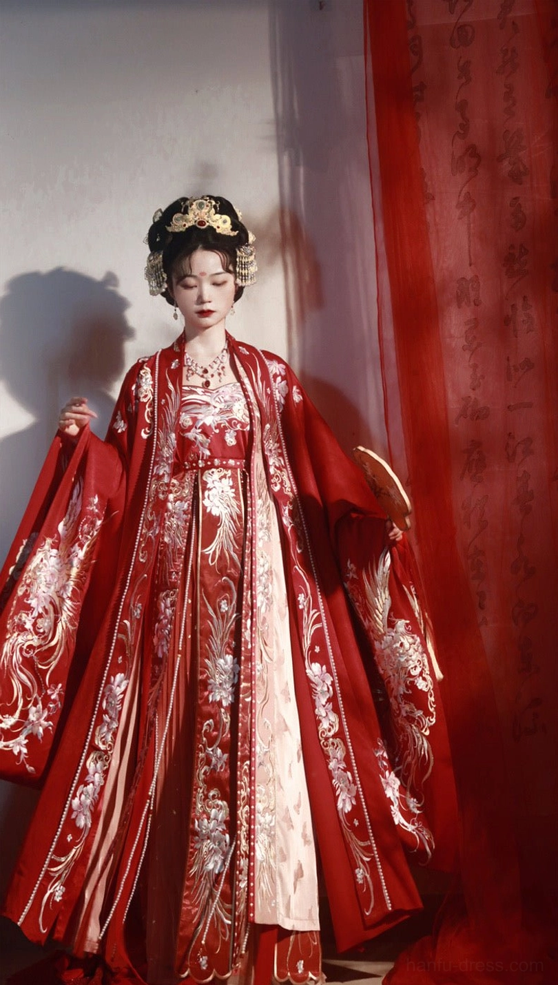 Tang Dynasty red phoenix bridal Hanfu wedding gown elegant traditional Chinese bridal fashion detail view