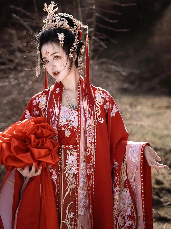 Outdoor portrait of Tang Dynasty inspired red phoenix bridal Hanfu wedding gown with floral embroidery and bridal crown