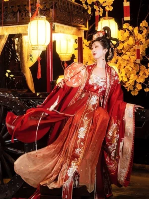Tang Dynasty inspired red bridal Hanfu wedding gown with flowing wide sleeves beside traditional Chinese wedding sedan chair